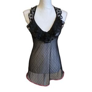 Sheer Halter Neck Baby Doll Nightie Womens 34B Black and Red Trim Underwire Cups